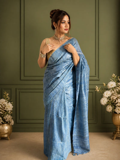 Silkmark Ghicha Tussar Impressive Blue Saree