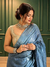 Silkmark Ghicha Tussar Impressive Blue Saree