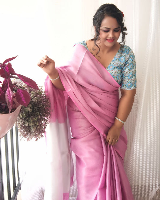 1506-Pure Tissue Linen Hand Dyed Saree Pink Color with running blouse
