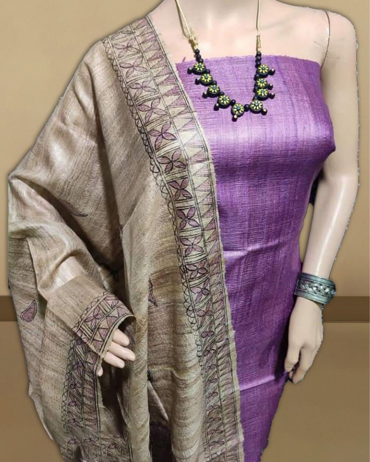 Silkmark Tussar Beige Madhubani Serene Dupatta & Purple Top