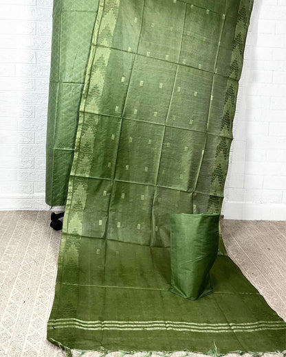 4412-Handcrafted Katan Silk Green Suit Piece with Bottom and Dupatta