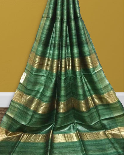2755-Silkmark Certified Tussar Silk Handloom Hand Dyed Green Saree with Pallu Colour Blouse