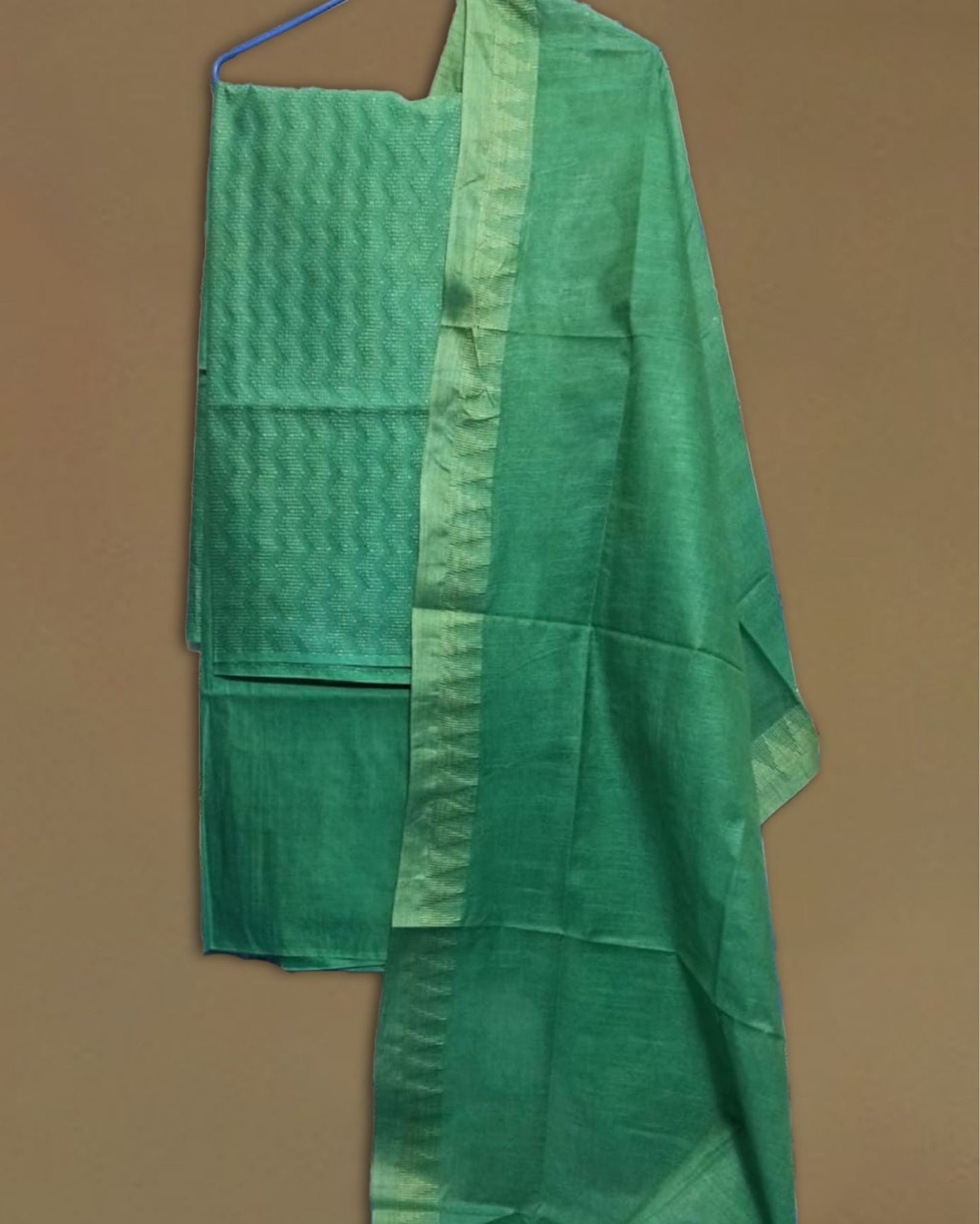 1107-Handcrafted Katan Silk Green Suit Piece with Bottom and Dupatta