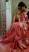Silkmark Certified Moonga Tussar Silk Embroidered Peach Saree with Running Blouse-Indiehaat
