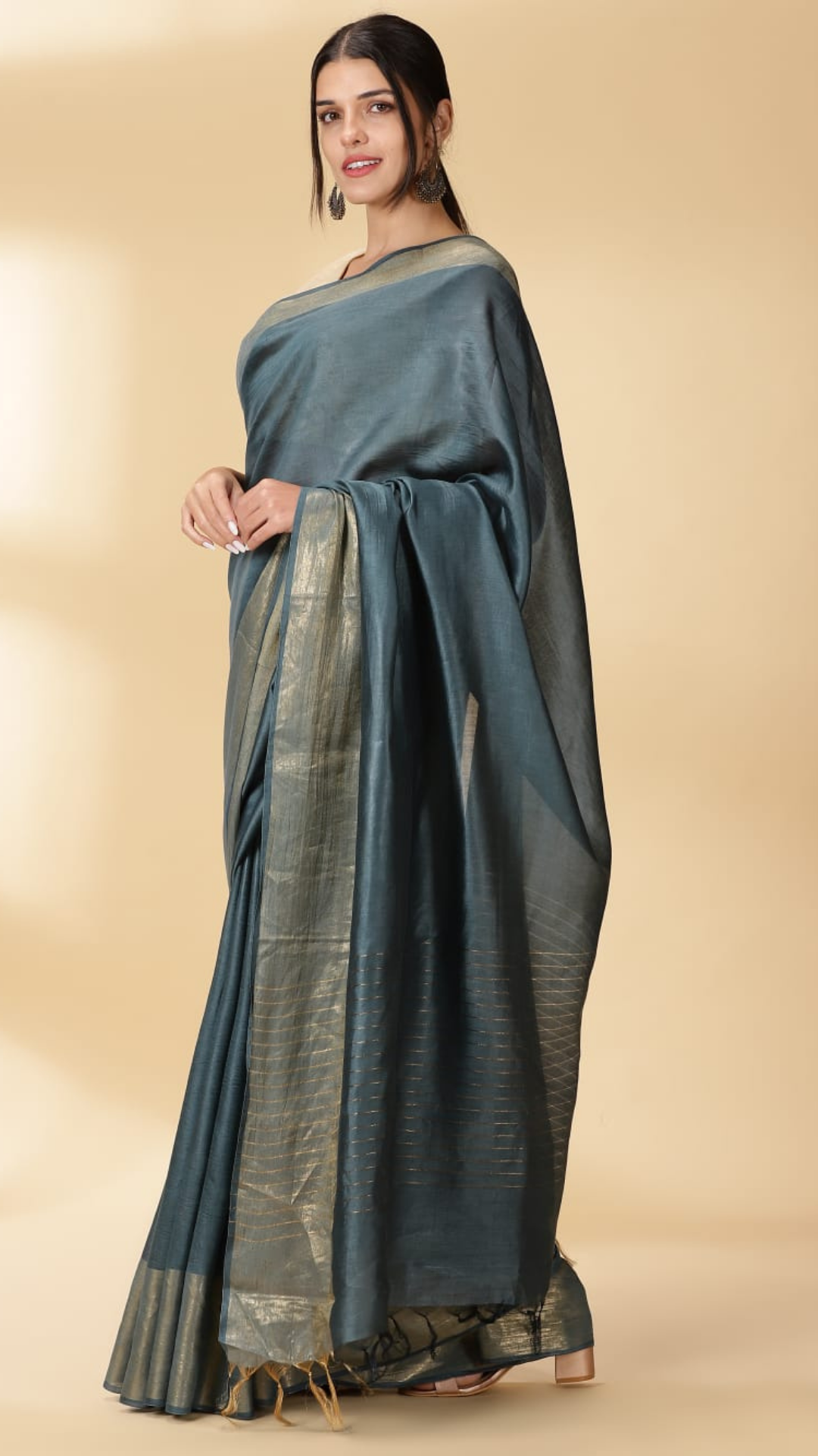 Silkmark Certified Moonga Tussar Bottle Green Silk Saree with Running Blouse Handcrafted-Indiehaat