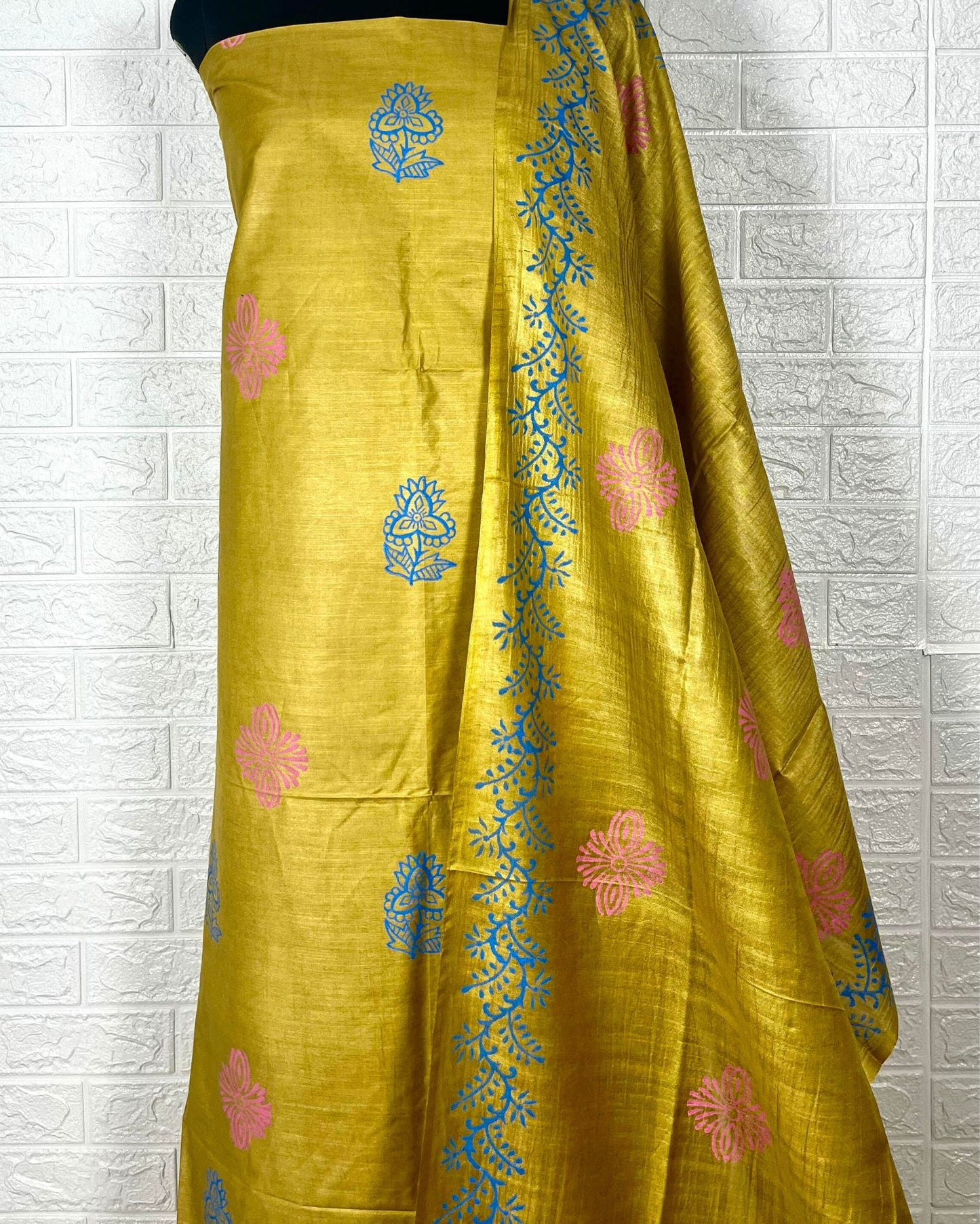 1524-Katan Silk Printed Suit Piece Mustard Yellow with Bottom and Dupatta Handcrafted