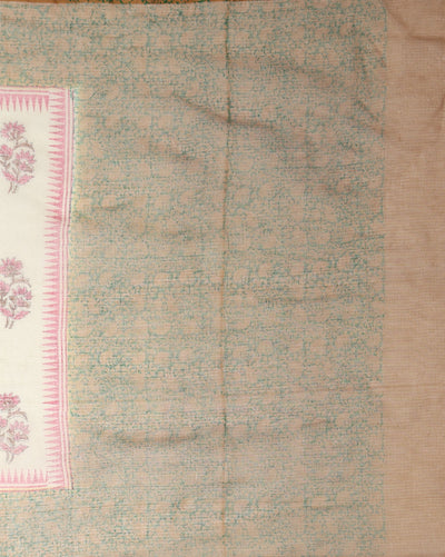 Artistic Kota Doria Blockprinted Beige & Green Saree