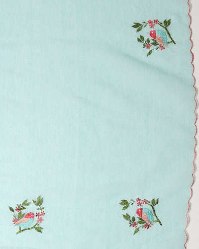 Chic Kota Doria Cotton Bird Embroidery Blue Saree Handdyed