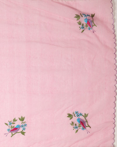 Bold Kota Doria Cotton Bird Embroidery Pink Saree Handdyed