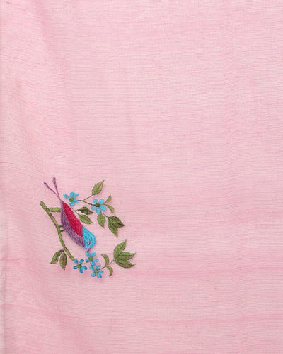 Bold Kota Doria Cotton Bird Embroidery Pink Saree Handdyed