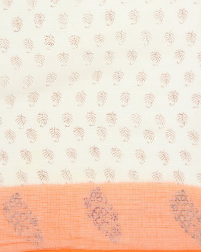 Vibrant Kota Doria Blockprinted White & Orange Saree