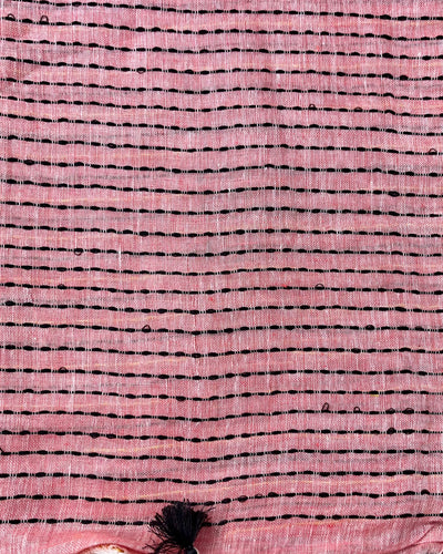 Whispering Pure Linen Kantha Work Peach Saree