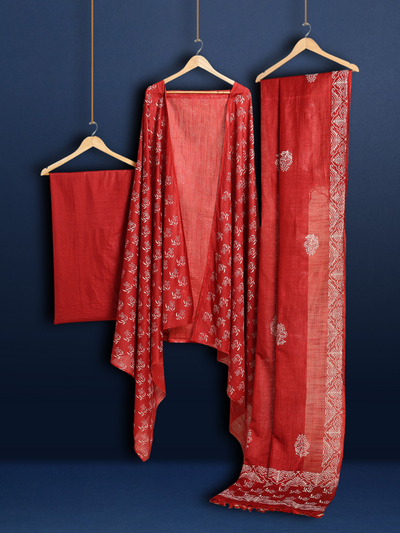 Katan Silk Blushing Blockprint Red Suit (T+B+D)