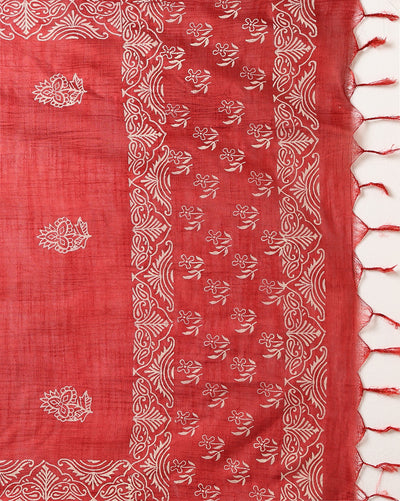 Katan Silk Blushing Blockprint Red Suit (T+B+D)