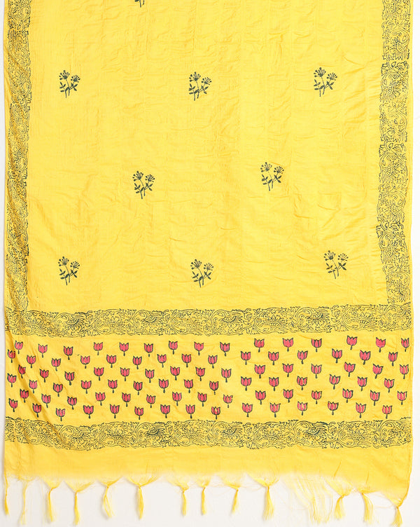 Katan Silk Gracious Blockprint Yellow Suit (T+B+D)