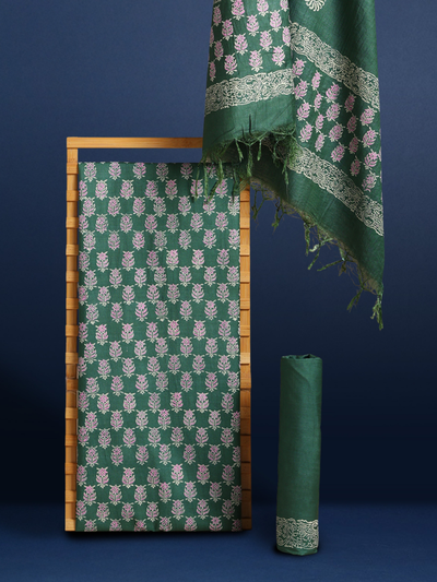 Katan Silk Precious Blockprint Green Suit