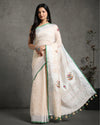 Beautiful Pure Linen Floral Embroidered Biege Saree