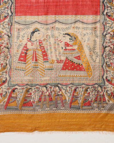 Silkmark Tussar Quaint Madhubani Red & Beige Saree