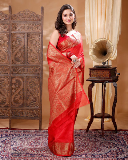 6102-Silk Linen Banarasi Brocade Handloom Orange Saree with Blouse