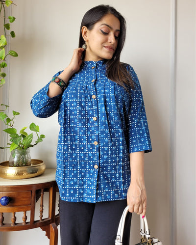 Indiehaat | Kanchi Cotton Peplum Tops Icy Blue BlockPrinted