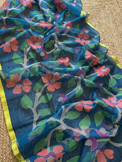 Indiehaat | Pure Muslin Silk Jamdani Saree Blue