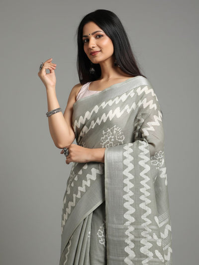 Smoky Slub Linen Saree Wax Batik Hand Dyed Flannel Gray