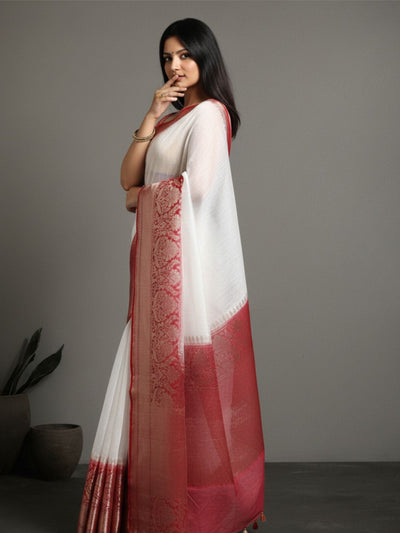 Silk Linen Banarasi Brocade Weaving Handloom White Saree with Blouse-Indiehaat