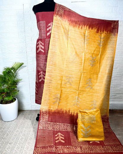7459-Khadi Cotton Batik Handblock Print Red Suit Piece with Bottom and Dupatta