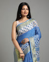 Lively Pure Linen Hand Cutwork Design Blue Saree