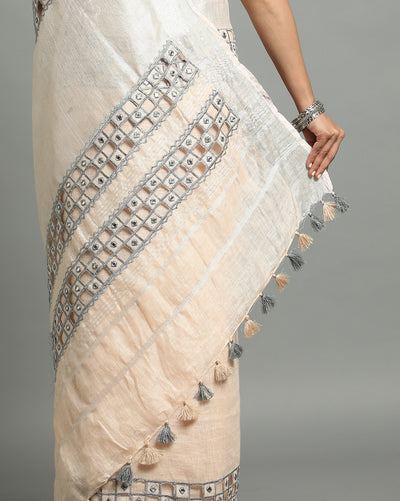 Surreal Pure Linen Hand Cutwork Design Off White Saree