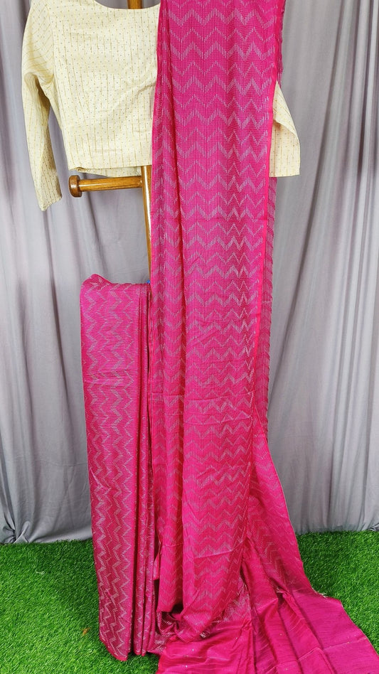 8398-Kota Silk Saree Deep Cerise Pink Color Sequence Palu and full body Zig-Zag Design with running blouse