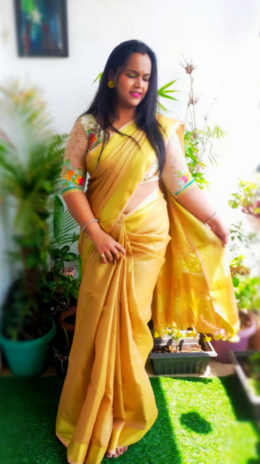 Hand Dyed Pure Tissue Linen Golden Yellow Color Saree With Running Blouse-Indiehaat