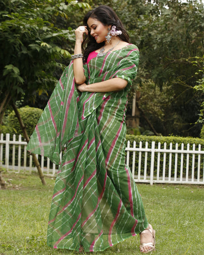 Forest Cotton Kota Doria Green Saree Handcrafted