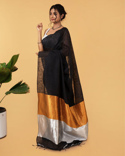 Classy Silk Linen Handdyed Black Contrast Pallu Saree