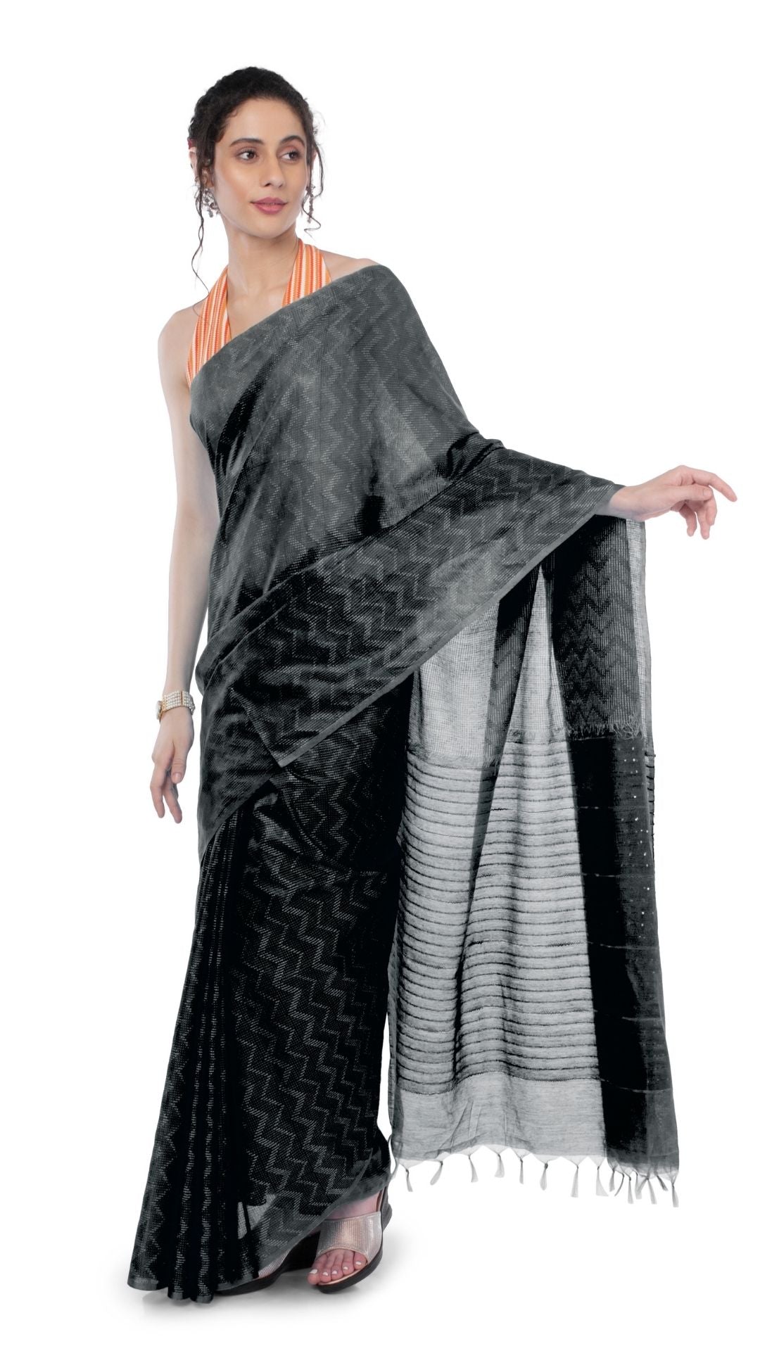 Kota Silk Black Saree Sequence Pallu & Zig-Zag Design