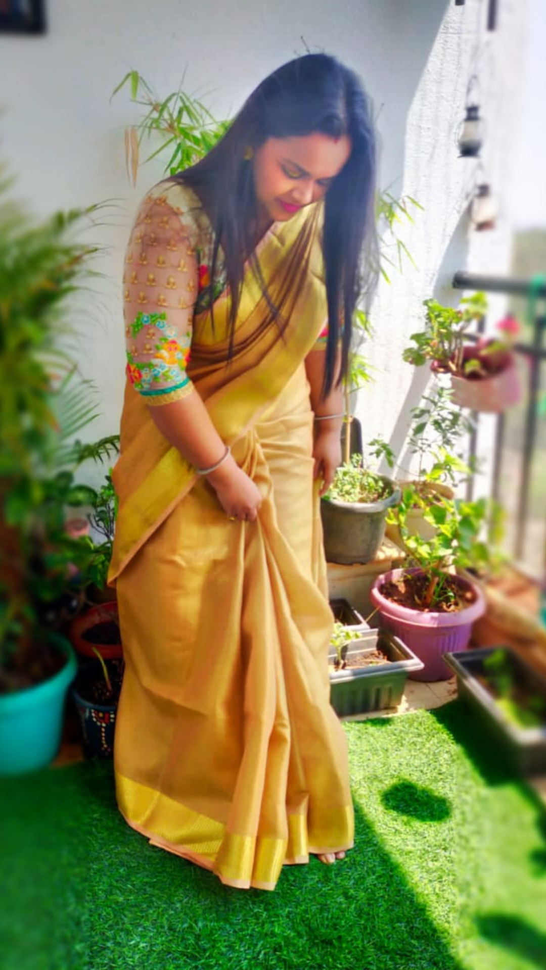 Hand Dyed Pure Tissue Linen Golden Yellow Color Saree With Running Blouse-Indiehaat