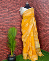 Slub Linen Batik Print Saree Mustard Yellow Color with running blouse - IndieHaat