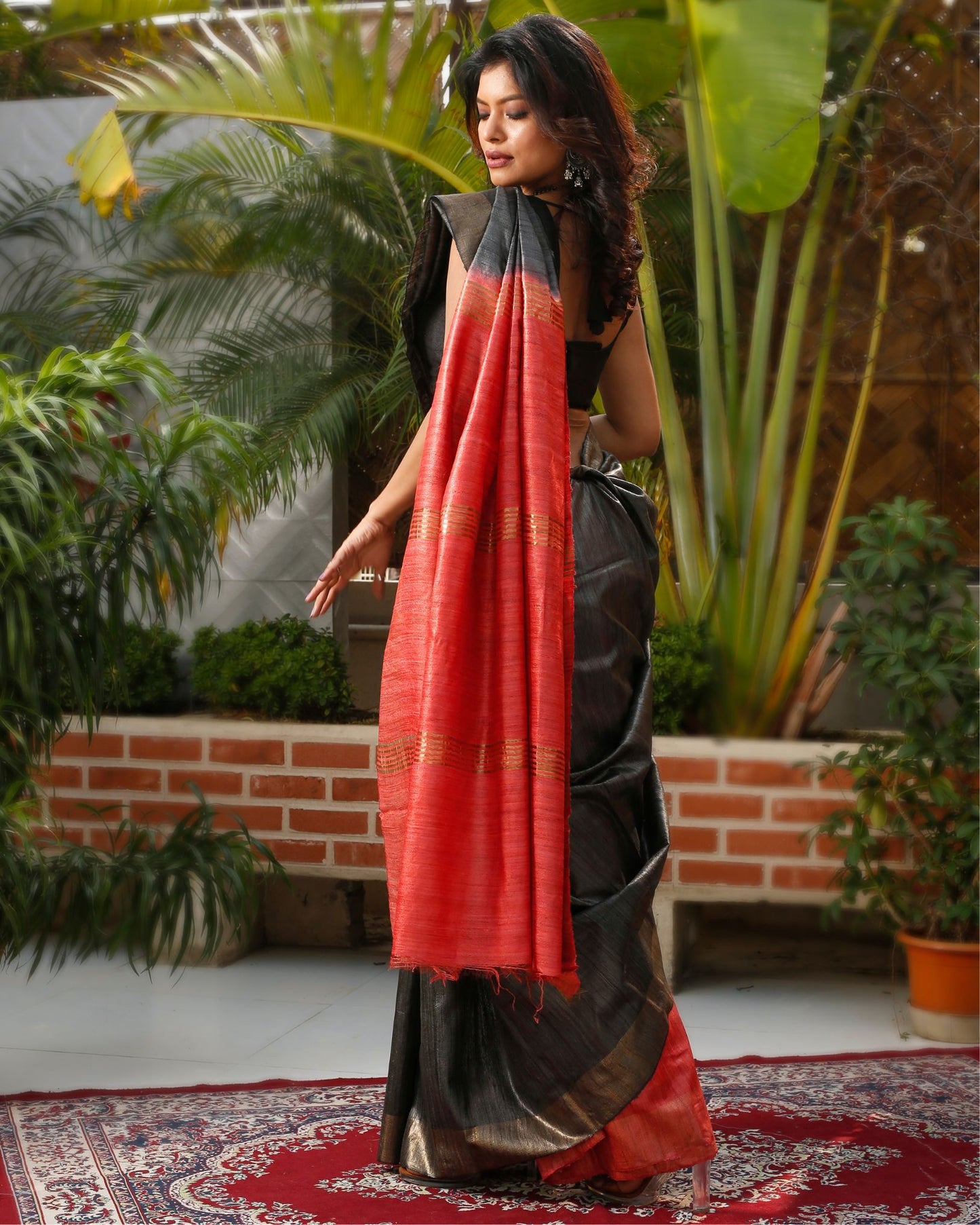 Silkmark Ghicha Tussar Classy Black & Red Saree