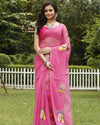Brilliant Rose Pink Pure Kota Doria Saree Embroidered