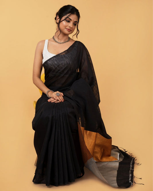 5522-Silk Linen Plain Saree Black Color with contrast border and attached Running Blouse (Any Colour Customizable)