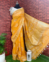 Slub Linen Batik Print Saree Mustard Yellow Color with running blouse - IndieHaat