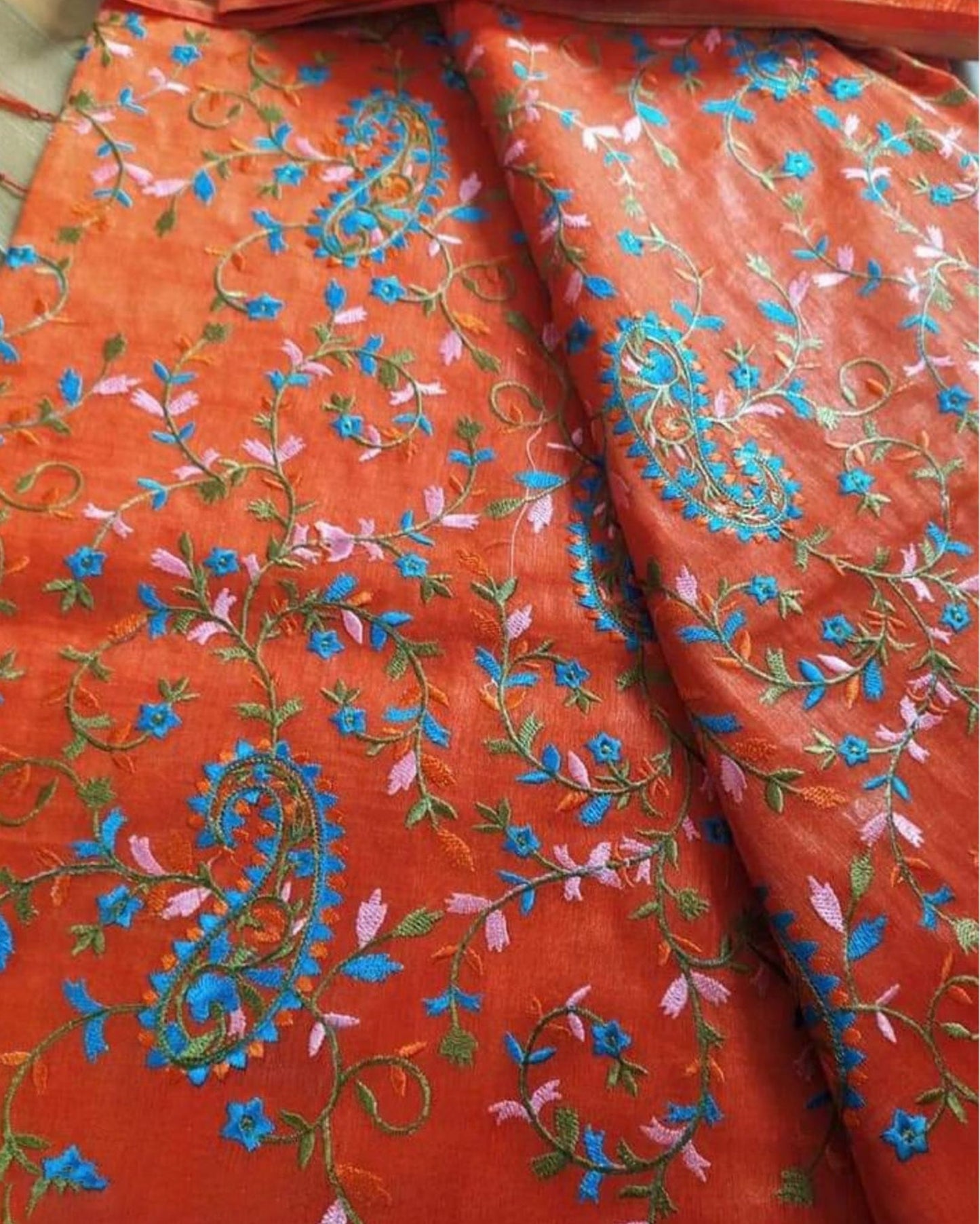 Stimulating Silk Linen Embroidered Orange Saree