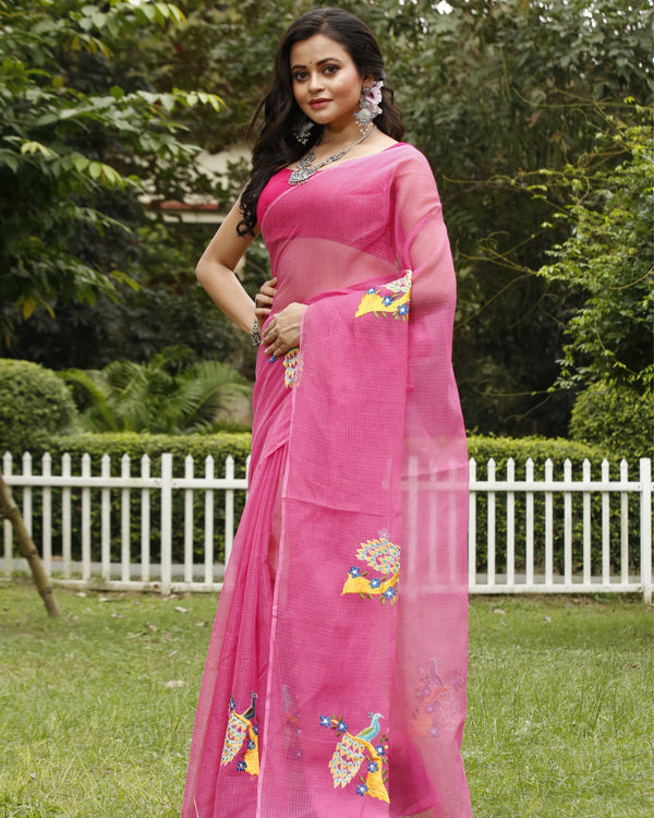 Brilliant Rose Pink Pure Kota Doria Saree Embroidered