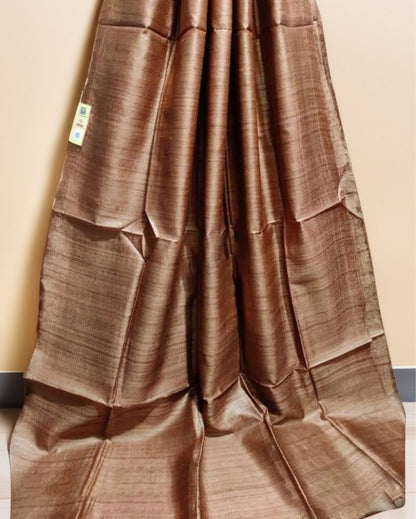 4441-Silkmark Certified Gichcha Tussar Handloom Hand Dyed Brown Plain Saree with Running Blouse