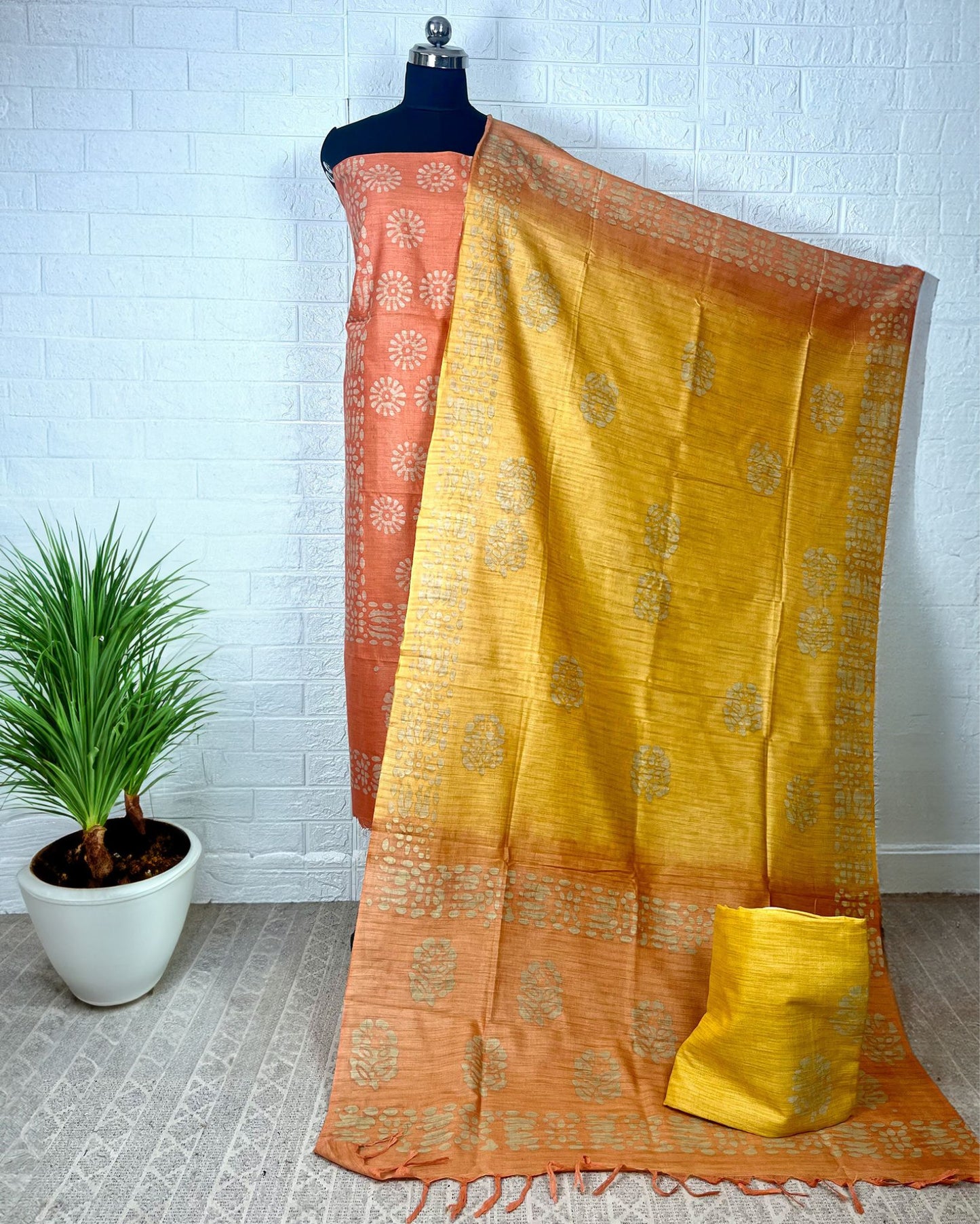 3167-Khadi Cotton Batik Handblock Print Orange color Suit Piece with Bottom and Dupatta
