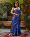 Silkmark Certified Tussar Moonga Banarasi Silk Saree Navy Blue Color with running blouse-Indiehaat