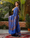 Silkmark Certified Tussar Moonga Banarasi Silk Saree Navy Blue Color with running blouse-Indiehaat