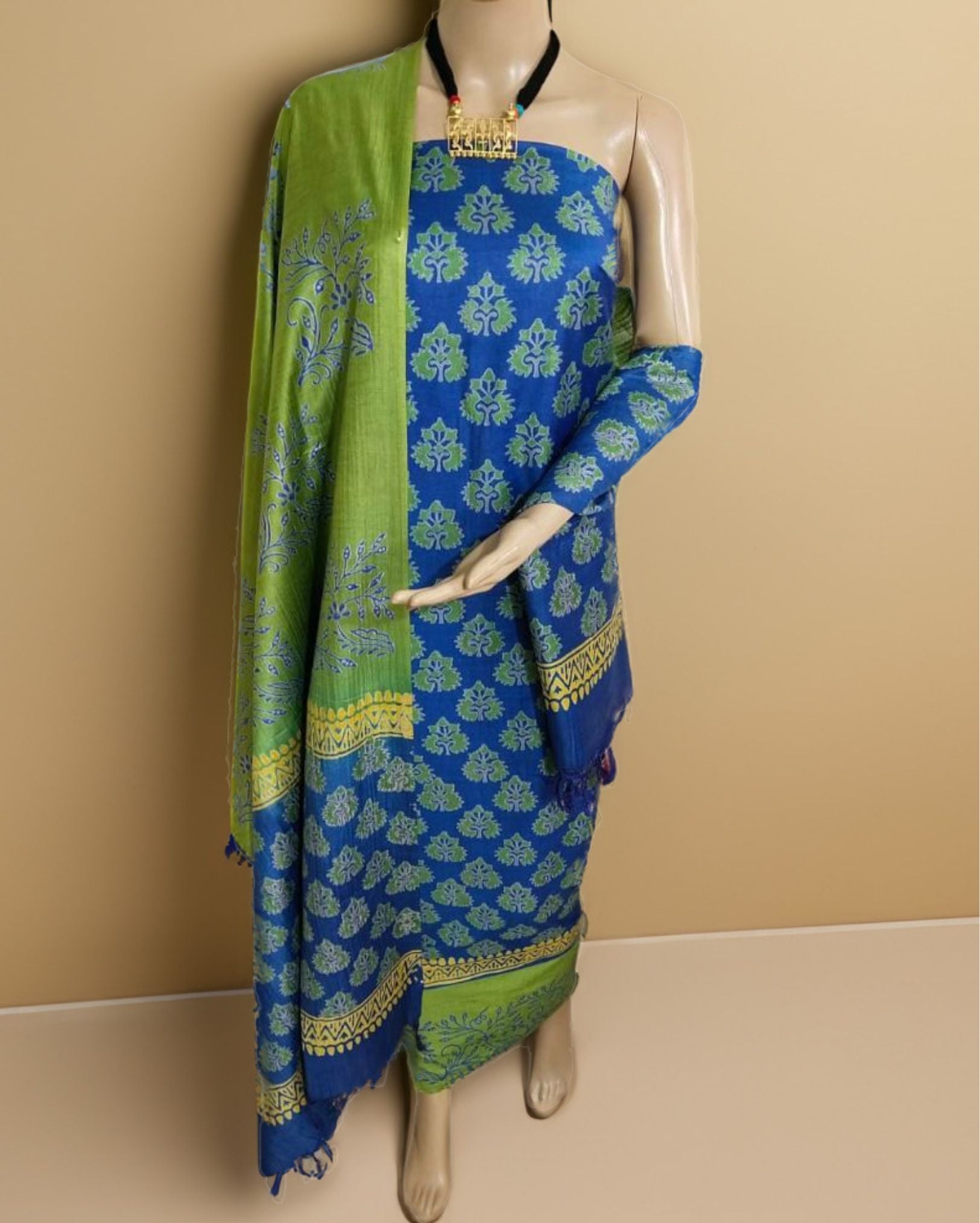 katan silk dress material Katan Silk Printed Suit Piece Olive Green Color with Bottom and Dupatta Handcrafted-Indiehaat Indiehaat.com