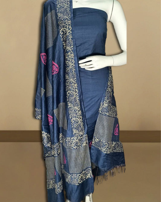 8102-Blue Katan Silk Suit Piece with Bottom and Dupatta Floral Handblock Print