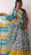 Artisanal Kota Doria Yellow & Blue Saree Blockprinted